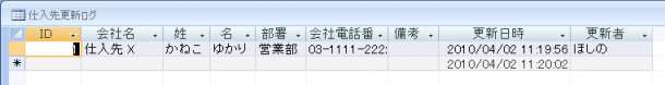 更新後のログテーブルの内容